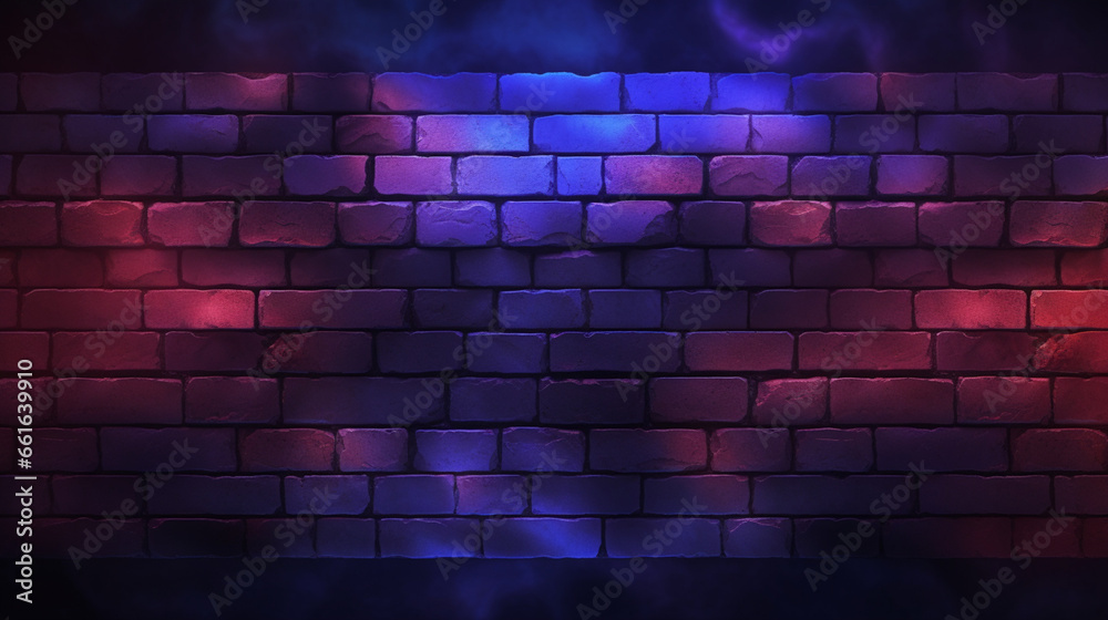 Mur en briques avec reflet de lumières de couleur rouge et bleu. Ambiance festif, club, boîte de nuit. Fond pour conception et création graphique. - obrazy, fototapety, plakaty 