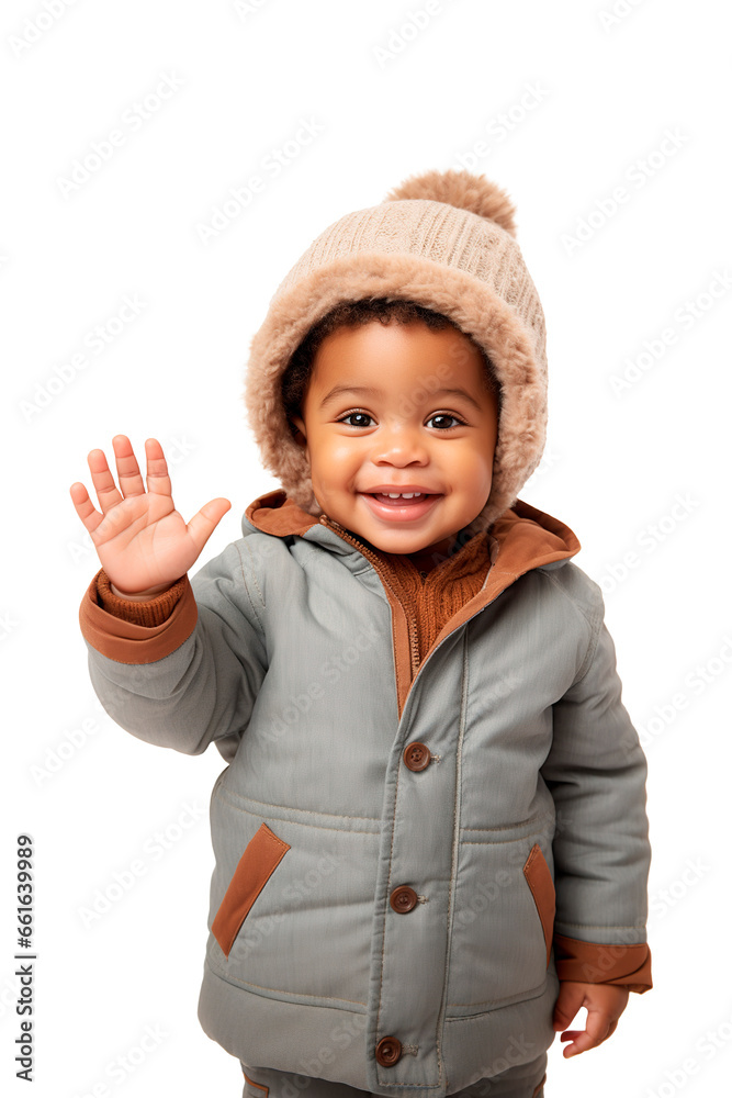 African American little boy wearing winter jacket and waving hand to the camera. Isolated white transparent background African American little boy wearing winter jacket and waving hand to the camera. Isolated white transparent background