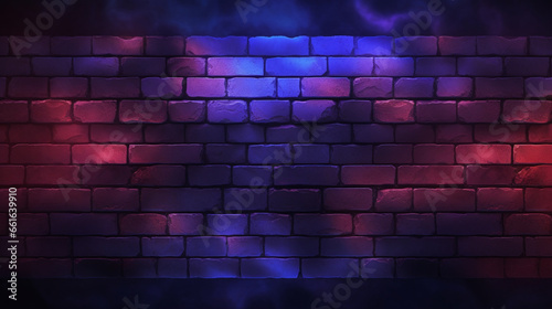 Mur en briques avec reflet de lumières de couleur rouge et bleu. Ambiance festif, club, boîte de nuit. Fond pour conception et création graphique.
