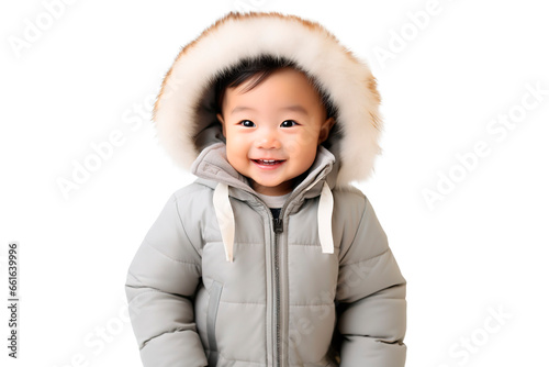 Asian little boy wearing winter jacker on isolated white transparent background photo
