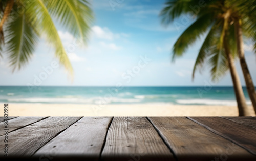 wooden deck with tropical beach in background