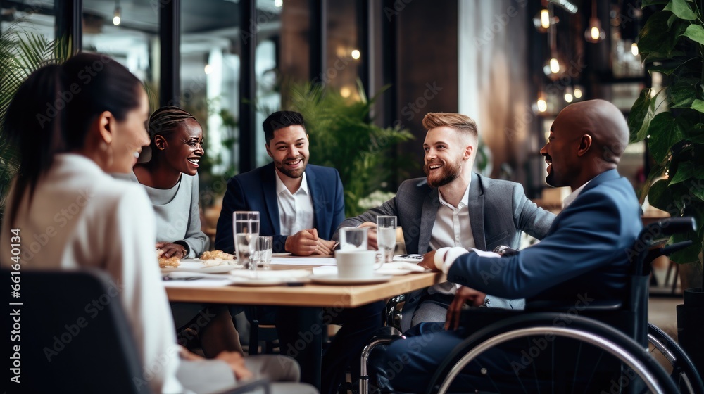 Business meeting in a co-working space by a man in a wheelchair. Integration of people with disabilities. Business meeting in a co-working space by a man in a wheelchair. Integration of people with disabilities.