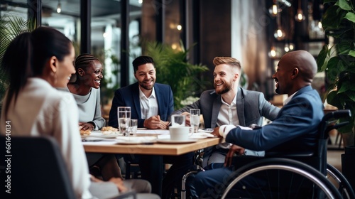 Business meeting in a co-working space by a man in a wheelchair. Integration of people with disabilities.