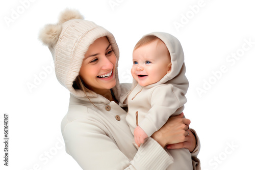 Mother and her baby boy wearing adorable knit wear posing casual over isolated transparent background