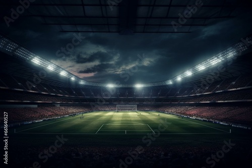 lit soccer stadium in the dark. Digital image. Generative AI © Melisande