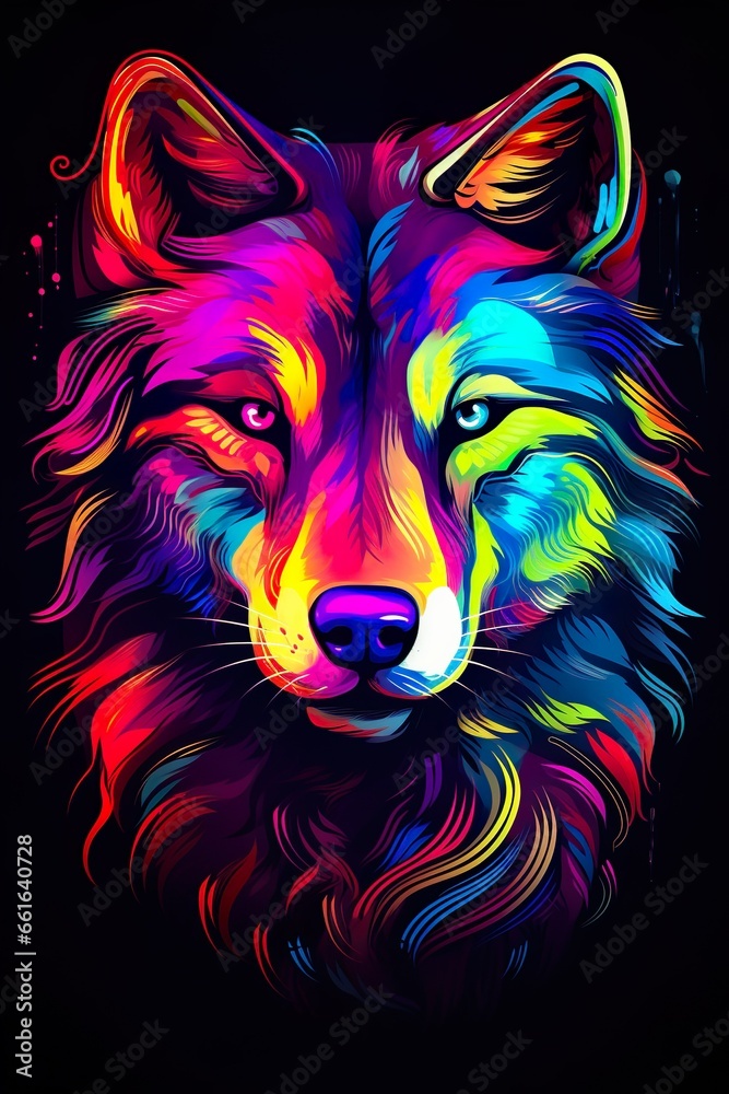Wolf in abstract, graphic highlighters lines rainbow ultra-bright neon artistic portrait | Generative AI Wolf in abstract, graphic highlighters lines rainbow ultra-bright neon artistic portrait | Generative AI