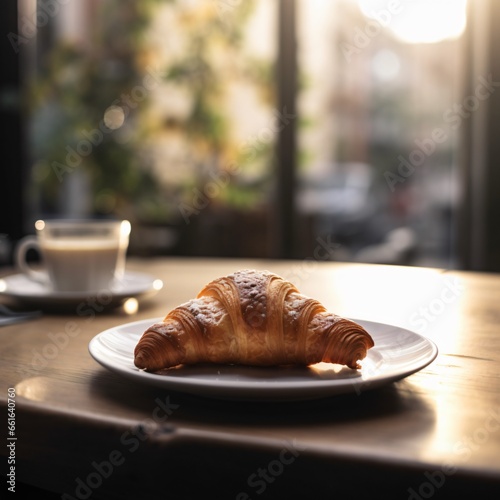 Breakfast view a bunch of croissant and a cup of coffee on the table. Kitchen vibe with filter lighting from window.