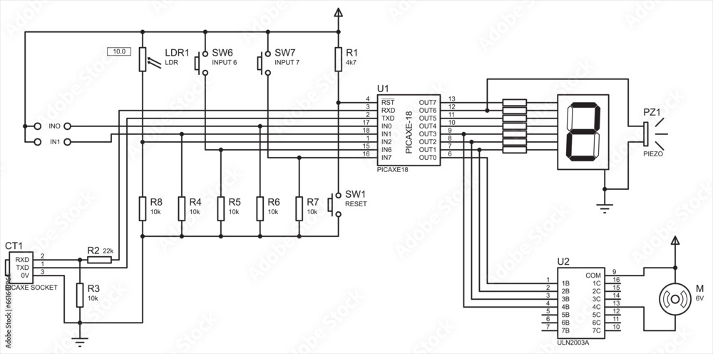 Microcontroller system. Vector electrical circuit of electronic device for data output 
to seven-segment indicator, operating under the control of a microcontroller.
The scheme with motor and display.