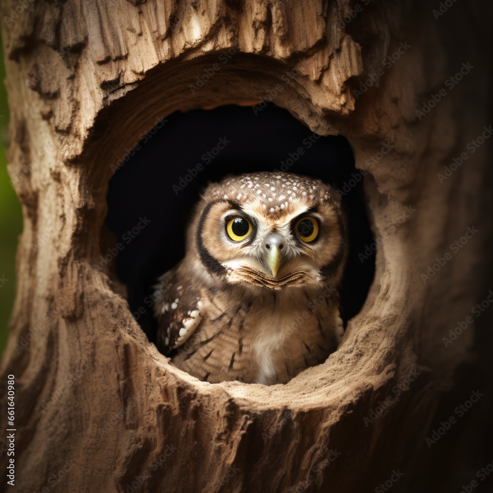 Owl sitting in the hollow tree in the green forest. Symbol of wisdom. Owl sitting in the hollow tree in the green forest. Symbol of wisdom.