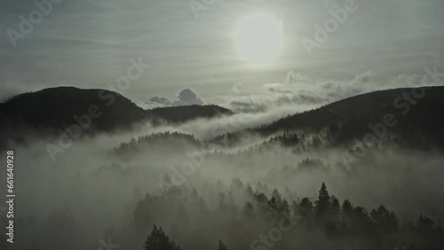 Misty, magic and beautiful morning in the mountains. Aerial. photo