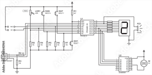 Microcontroller system. Vector electrical circuit of electronic device for data output to seven-segment indicator, operating under the control of a microcontroller. The scheme with motor and display.