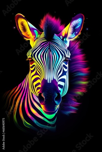Zebra in abstract  graphic highlighters lines rainbow ultra-bright neon artistic portrait   Generative AI