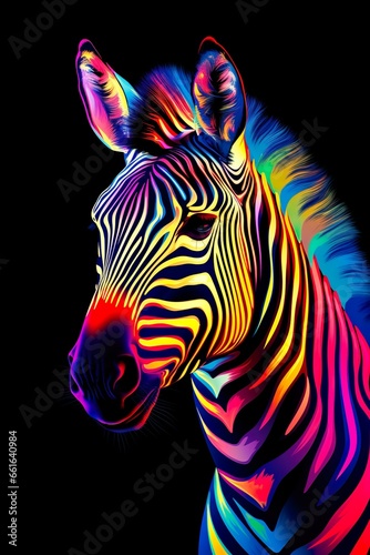 Zebra in abstract, graphic highlighters lines rainbow ultra-bright neon artistic portrait | Generative AI
