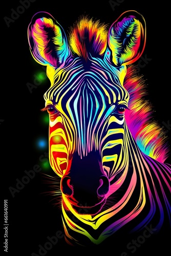 Zebra in abstract  graphic highlighters lines rainbow ultra-bright neon artistic portrait   Generative AI