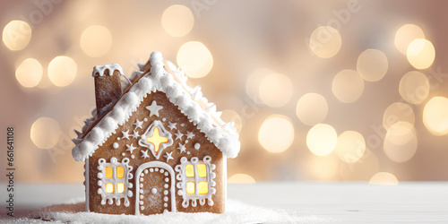 A festive christmas gingerbread house decorated with white icing