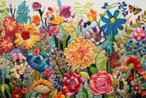 Intricate stitches form vibrant flowers on fabric, stumpwork embroidery a blooming masterpiece