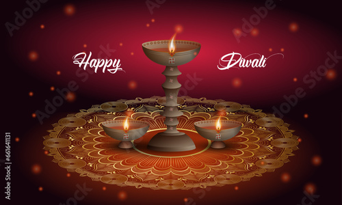 Happy Diwali, Festival of lights ,Vector illustration and Beautiful greeting card for celebration of shubh deepawali,diwali holiday background
 photo