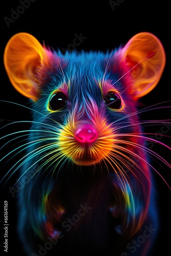 Mouse in abstract, graphic highlighters lines rainbow ultra-bright neon artistic portrait   Generative AI © Kay