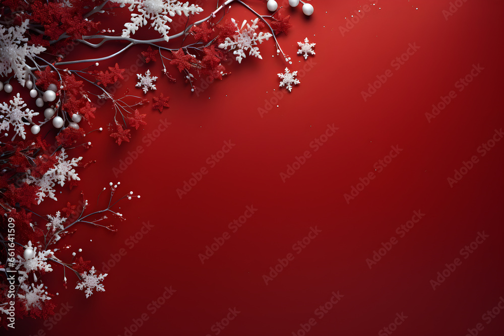 Christmas background with snowflakes and red berries on red background, Ai Generated Christmas background with snowflakes and red berries on red background, Ai Generated