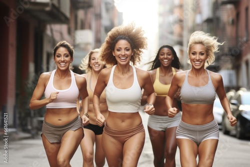 Group of plus size women running city street