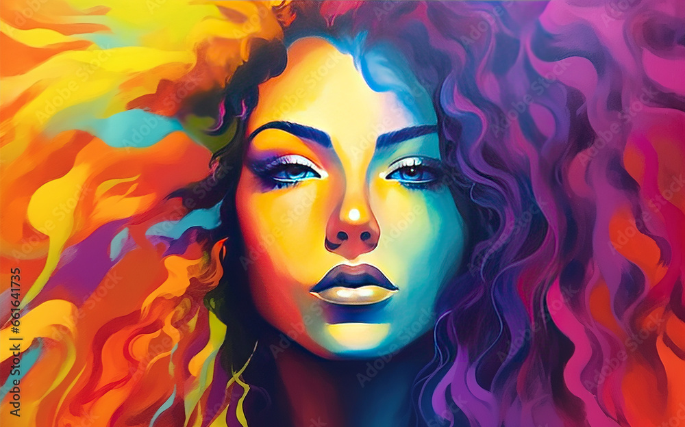 A Beautiful Light Skinned Black Womans Face A Glamorous Work of Art Vivid Colors on Canvas Background