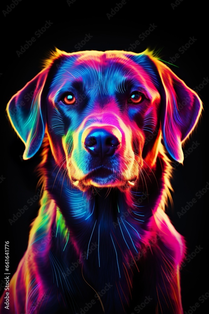 Dog in abstract, graphic highlighters lines rainbow ultra-bright neon artistic portrait | Generative AI