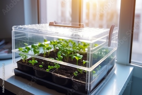 Seedling in mini greenhouse at home, concept of Plant propagation photo