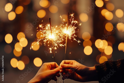 hands holding bengal lights or sparklers on a bokeh background photo