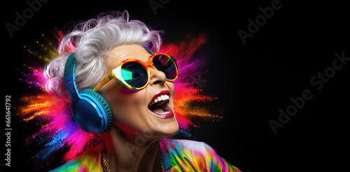 elderly woman listens to music on headphones and sings along, colorful banner with copy space