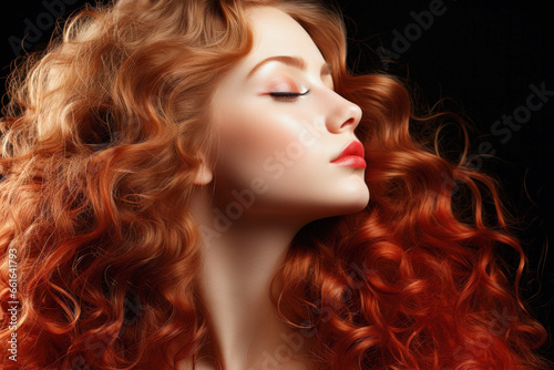 young woman with gorgeous red long curly hair, salon care, profile view