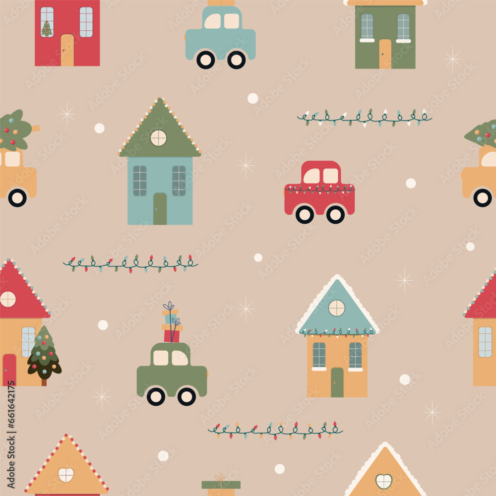 seamless Christmas pattern. Vector image of winter houses, a car with gifts, a car with a Christmas tree, snowflakes