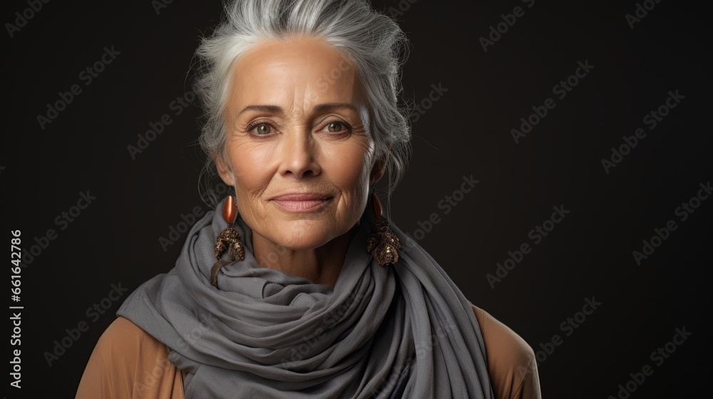 Radiant Middle-Aged Woman: Graceful Aging Portrait of Single Mature Senior Beauty on Black Background