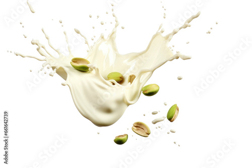 Pistachios Dancing in a Milk Splash on isolated background