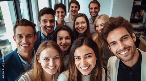 Group of happy people working in one office, ethnic diversity, multinational corporation photo