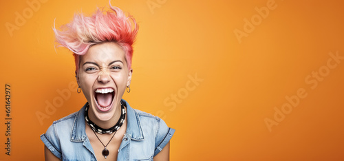 Young woman with colourful dyed hair, punk style, screaming or shouting, surprised look. Wide banner copy space on side. Generative AI photo