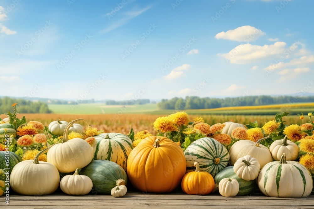 Autumn background with pumpkins and flowers. Harvest festival concept, Ai Generated