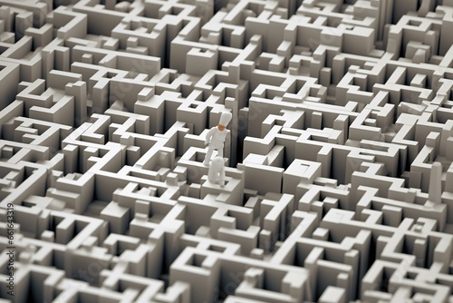 Top view of a frustrated 3D figure lost in a maze. Generative AI