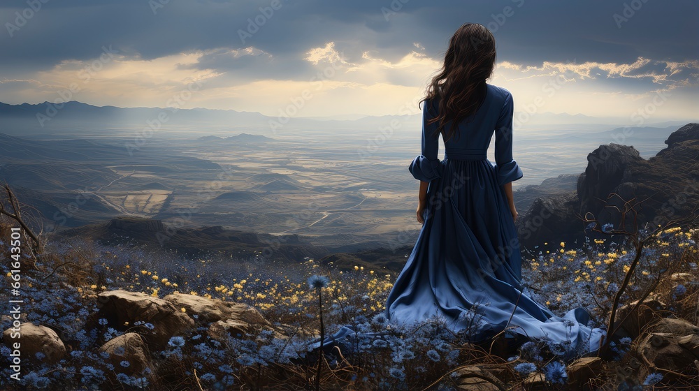 Ethereal woman in floral field at sunset, golden light enhancing beauty and surrounding nature.