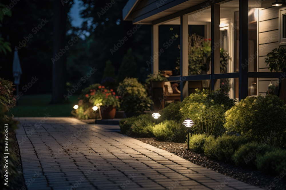 Modern gardening landscaping design details. Illuminated pathway in front of residential house. Landscape garden with ambient lighting system installation highlighting flowers plants Modern gardening landscaping design details. Illuminated pathway in front of residential house. Landscape garden with ambient lighting system installation highlighting flowers plants
