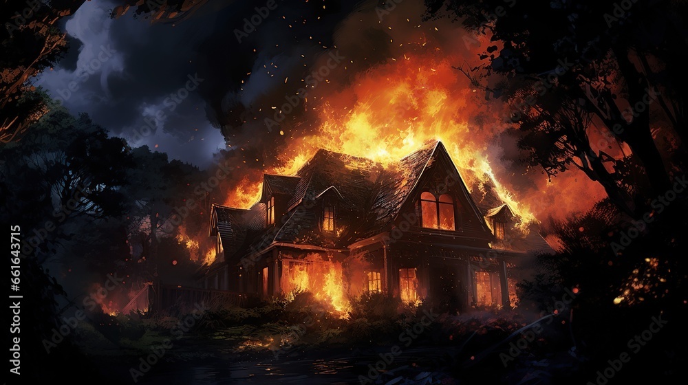 A house is engulfed in flames at night, Generative AI A house is engulfed in flames at night, Generative AI