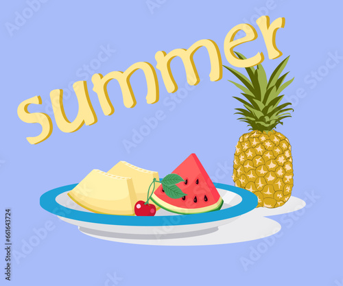 Slices of melon and watermelon on a plate with pineapple