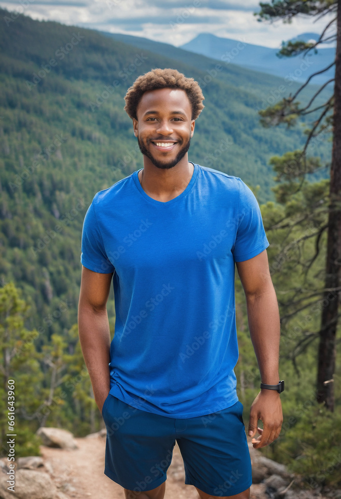 Man outdoors wearing a blue tee shirt Man outdoors wearing a blue tee shirt