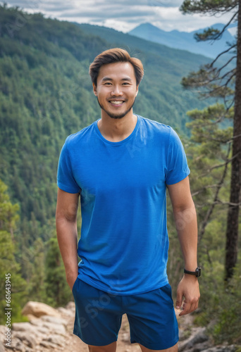 Man outdoors wearing a blue tee shirt