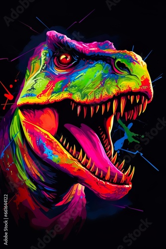 T-Rex in abstract  graphic highlighters lines rainbow ultra-bright neon artistic portrait   Generative AI