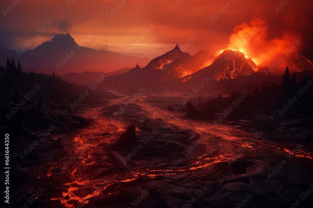 A desolate landscape of fiery volcanoes, ash-covered terrain, and molten rivers. Generative AI