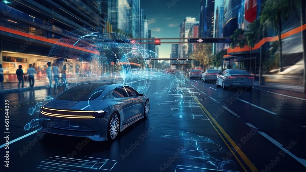 self-driving car in action, showcasing the advanced sensors, cameras ...