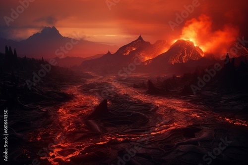 A desolate landscape of fiery volcanoes, ash-covered terrain, and molten rivers. Generative AI