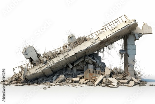Wreckage of a building on white background. Debris includes concrete, steel reinforcement, and cement shards. Collapse concept. Space bar. Generative AI