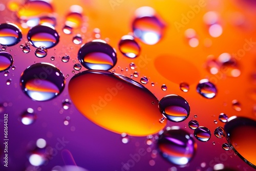 Colorful liquid drops on violet and orange background, ideal for science-themed projects. Copy-space available. Generative AI