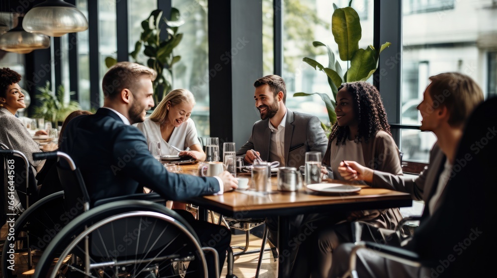 Business meeting in a co-working space by a man in a wheelchair. Integration of people with disabilities. Business meeting in a co-working space by a man in a wheelchair. Integration of people with disabilities.